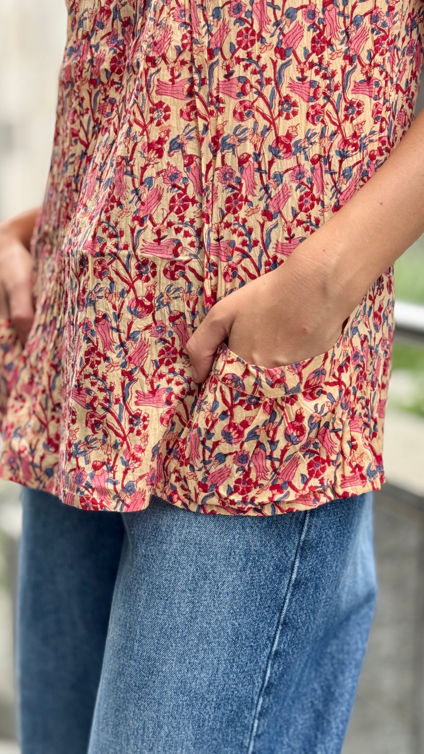 Camicia Blusa in Cotone Indiano Block Print – Fantasia Floreale, Maniche Corte