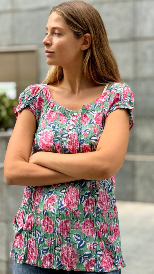 Camicia in Cotone Indiano Block Print – Verde con Fiori Blu e Rosa, Maniche Corte
