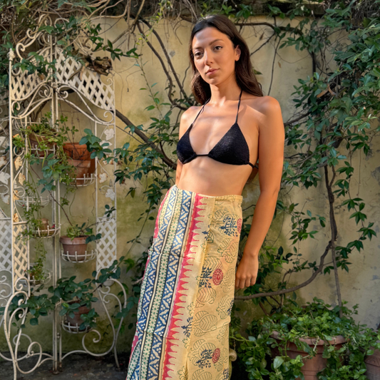 Pareo Sarong in Cotone Voile Indiano – Stampa Floreale Block Print Blu, Giallo e Rosa