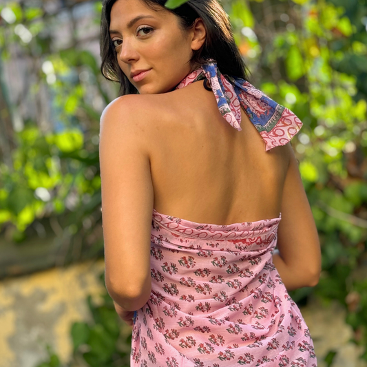 Pareo Sarong in Cotone Voile Indiano – Stampa Floreale Block Print Rosa, Blu e Rosso