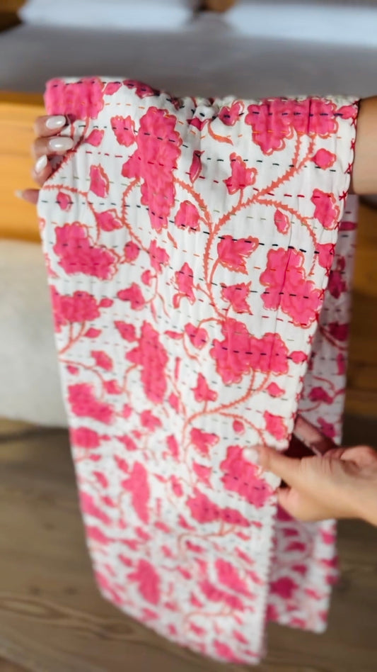Block Print and Kantha Cotton Baby Blanket – White with Pink Flowers, Handmade Boho Chic