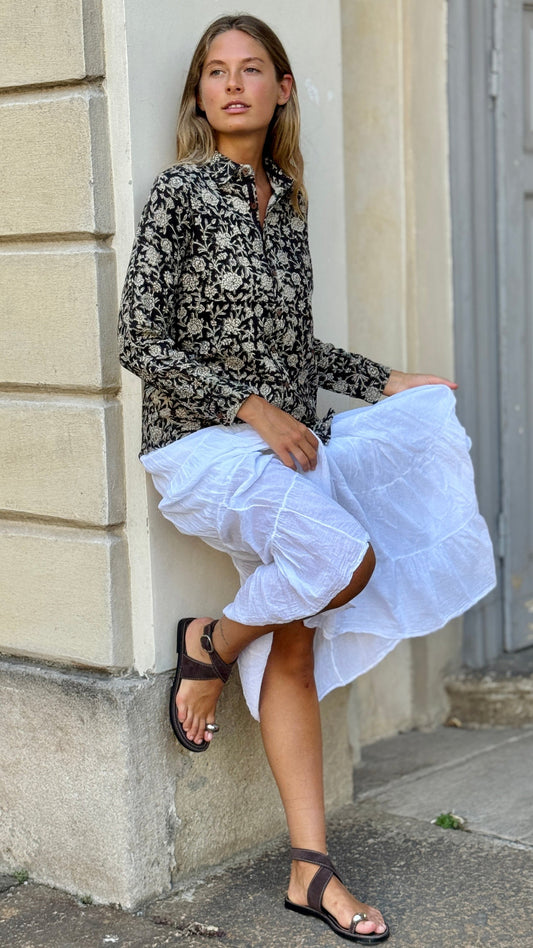 Camicia Donna in Cotone Khadi Block Print – Beige e Nera, Maniche Lunghe, Bottoni in Legno