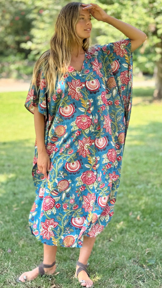 Caftano in Cotone Indiano Azzurro Rosa e Verde – Stampa Block Print Floreale Artigianale