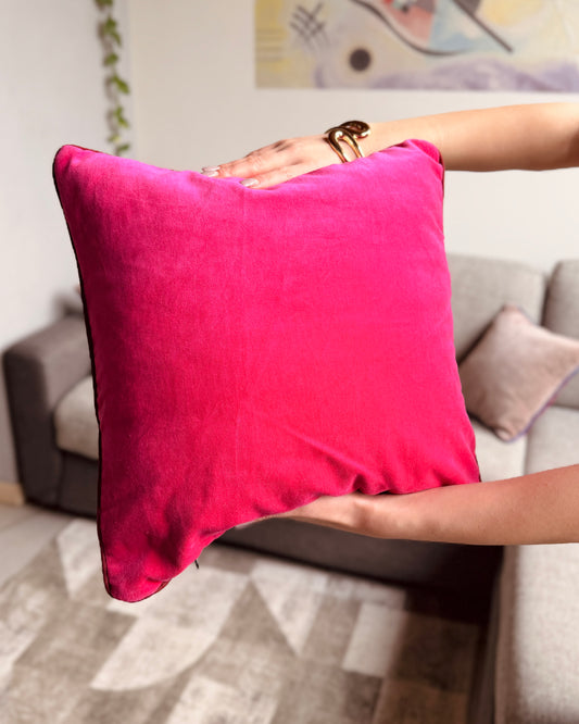 Set of 2 reversible velvet cushion covers 40x40cm (16x16 inches): teal floral screen print front and solid fuchsia pink back with burgundy piping.