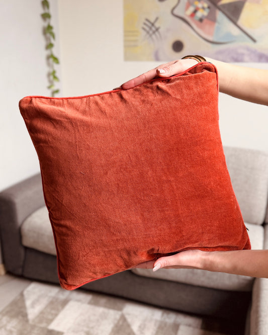 Set of 2 reversible velvet cushion covers 40x40cm (16x16 inches): dark navy blue with red floral screen print and solid orange rust back with contrasting rust piping.