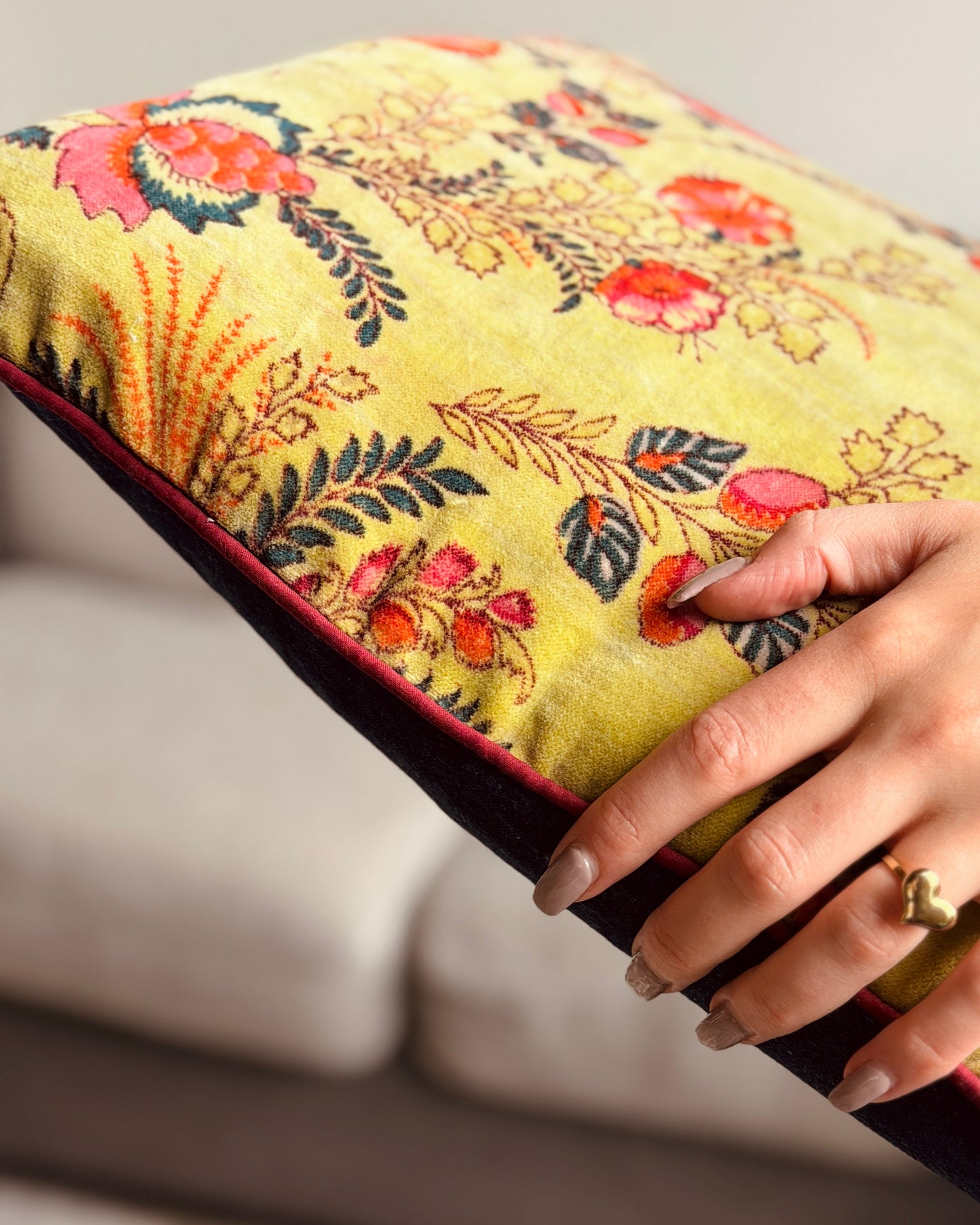 Set of 2 reversible velvet cushion covers 40x40cm (16x16 inches): chartreuse yellow lime botanical screen print front and solid cobalt blue back with burgundy piping.