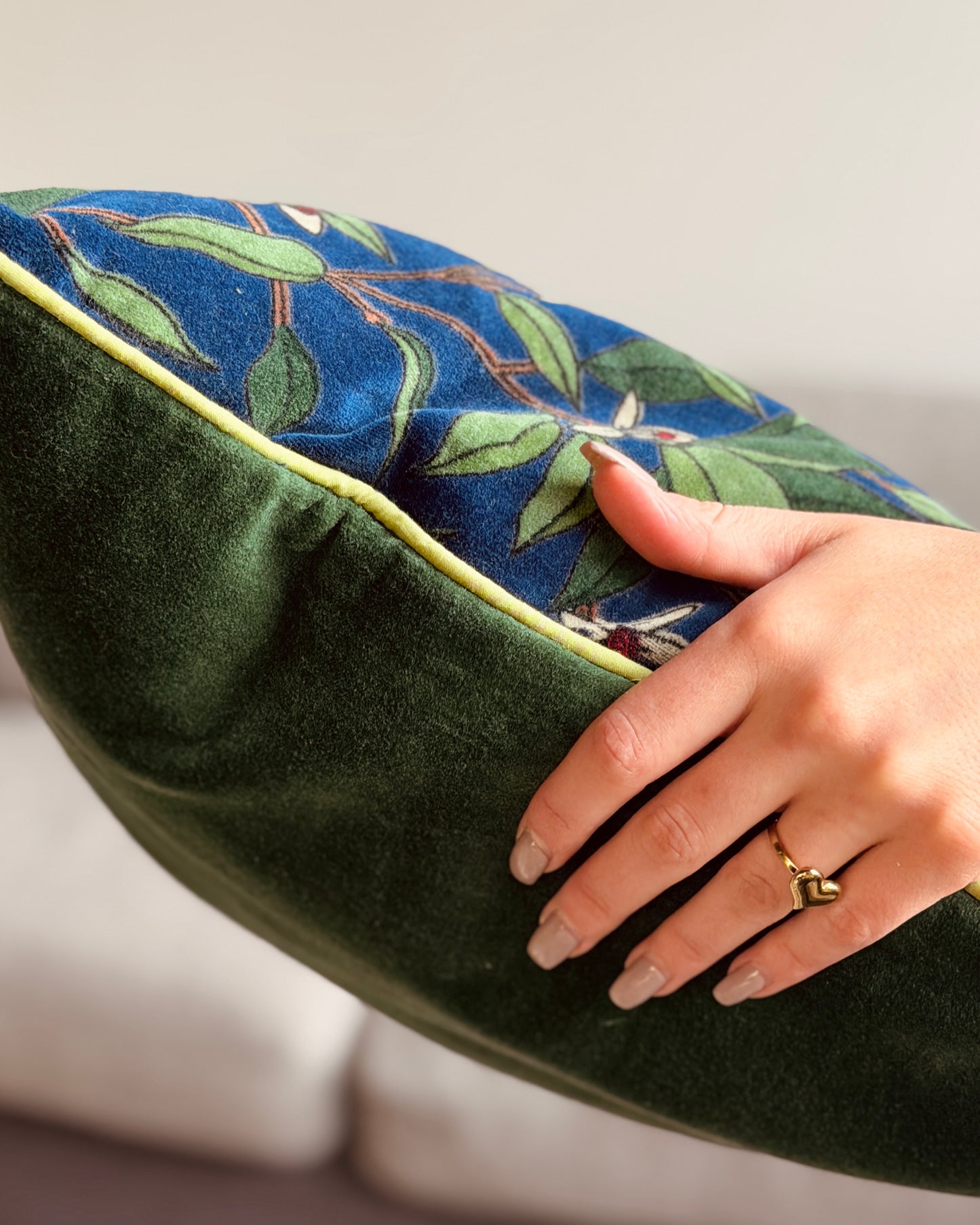 Set of 2 reversible velvet cushion covers 40x40cm (16x16 inches): teal blue botanical print front and forest green back with lime green piping.