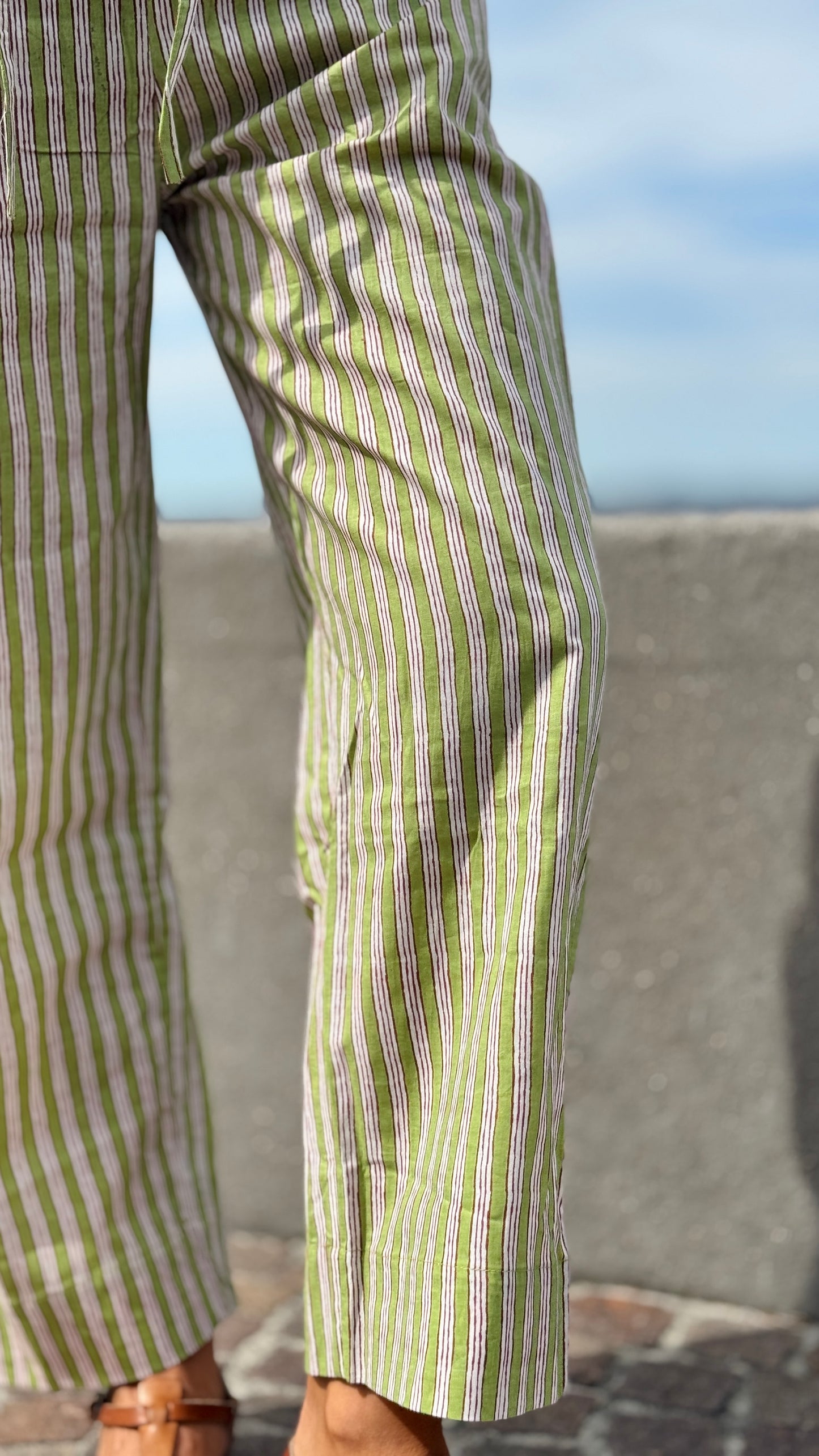 Green and white striped block print Indian cotton cigarette trousers, elegant and versatile