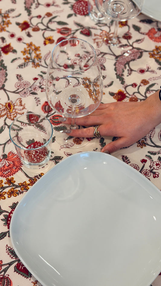 Hand-printed peach pink and coral block print cotton tablecloth 150x220cm (60x87 inches): romantic floral ramage pattern with solid peach border.