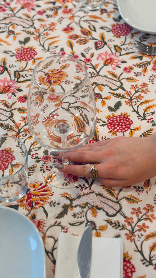 Hand-printed saffron yellow and coral block print cotton tablecloth 150x220cm (60x87 inches): vibrant botanical pattern with multi-layered geometric border.