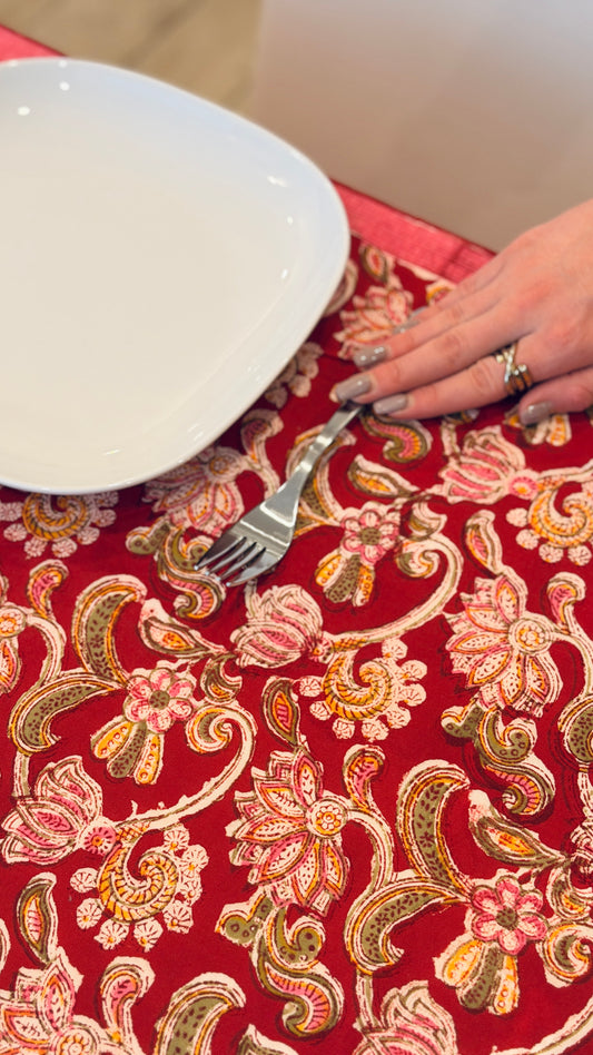Hand-printed block print cotton tablecloth 150x220cm (60x87 inches): vibrant red botanical and floral pattern with double decorative border.