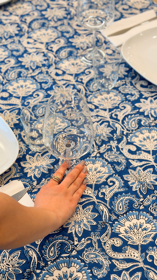 Hand-printed indigo blue block print cotton tablecloth 150x220cm (60x87 inches): intricate floral and paisley pattern with geometric decorative border.