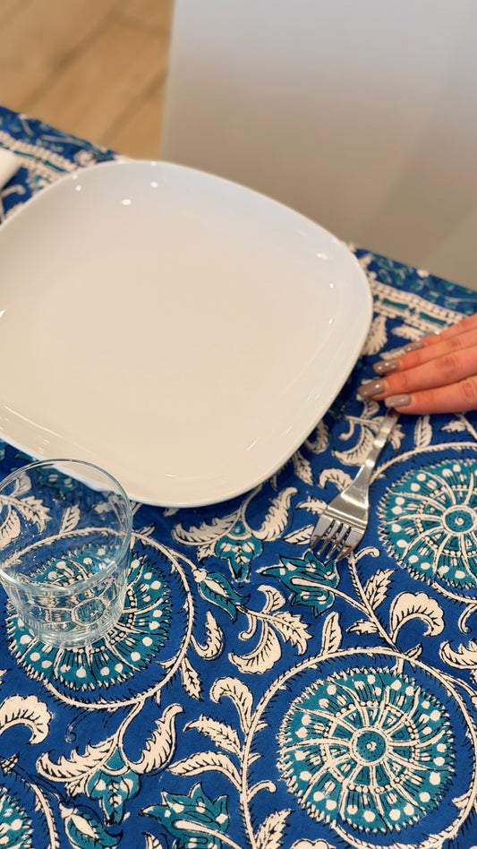 Hand-printed cobalt blue and turquoise mandala block print cotton tablecloth 150x220cm (60x87 inches): intricate circular pattern with multi-layered floral border.