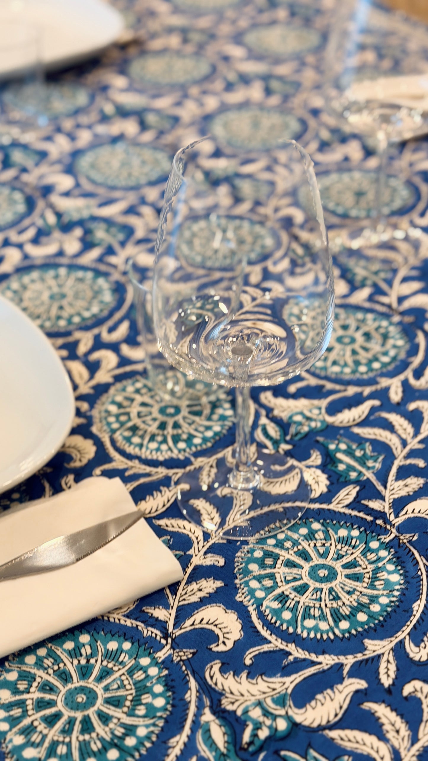 Hand-printed cobalt blue and turquoise mandala block print cotton tablecloth 150x220cm (60x87 inches): intricate circular pattern with multi-layered floral border.