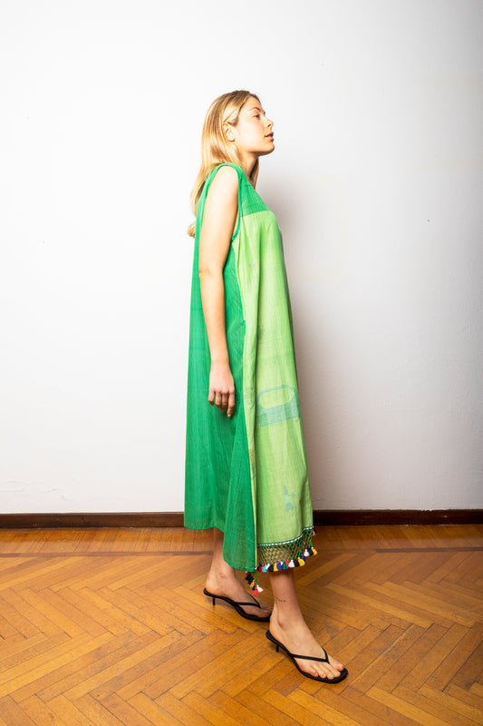 Abito lungo da donna smanicato in cotone filato a mano e creato su telaio manuale - KALU025