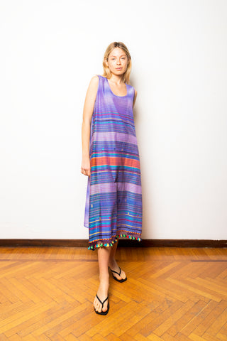 Women's sleeveless long dress in hand-spun cotton created on a manual loom - KALU026