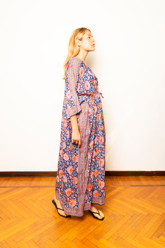 Caftano in Cotone Leggero Con Stampa Floreale