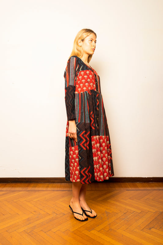 Abito estivo indiano in cotone stampato a mano - 23MA022SM