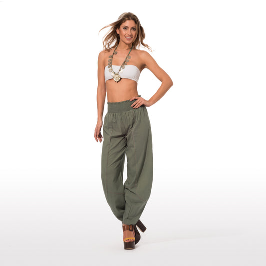 Elegante Pantalone Estivo In Puro Cotone In Tinta Unita Verde Scuro Con Pois Rossi