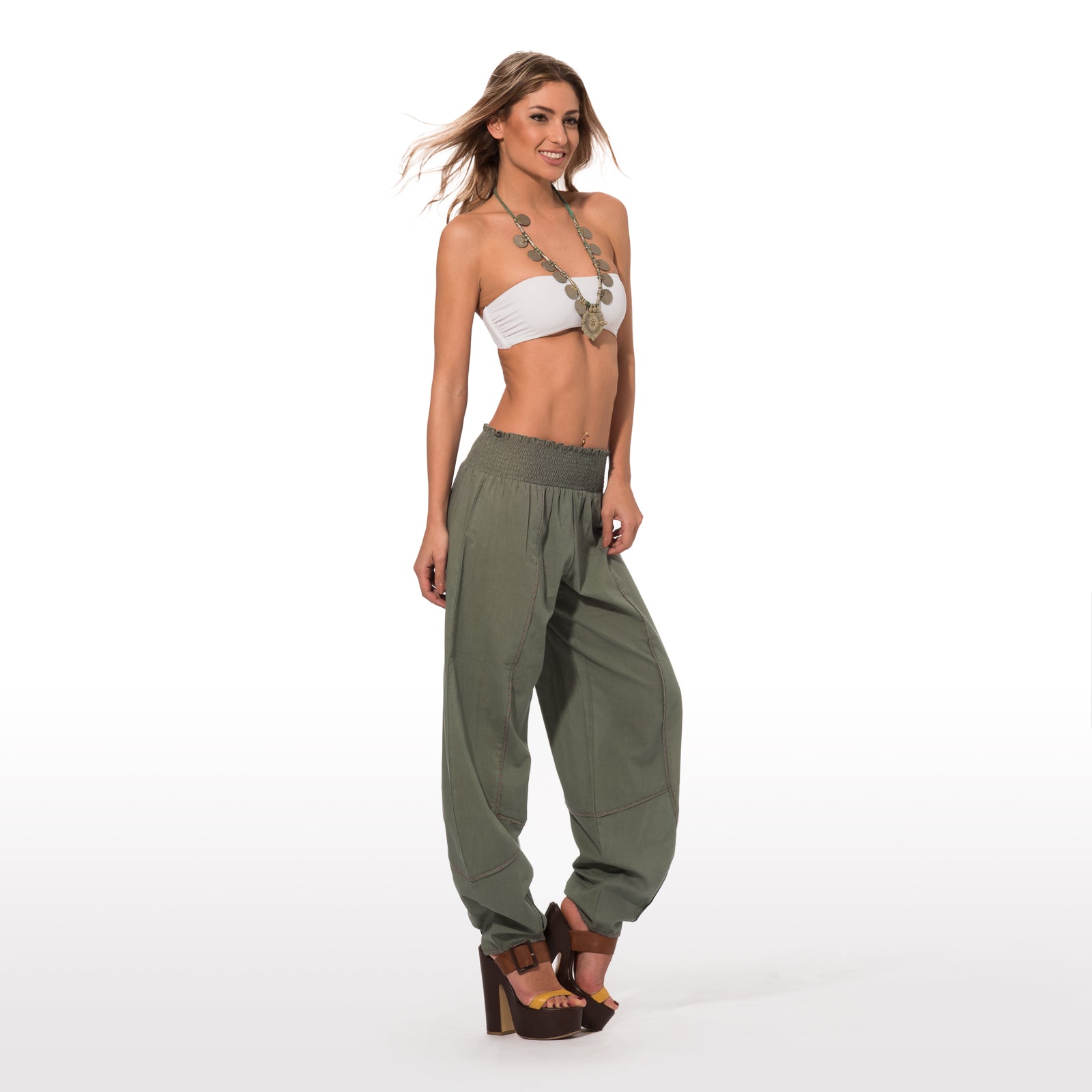Elegant Summer Trousers In Pure Cotton In Dark Green Solid Color