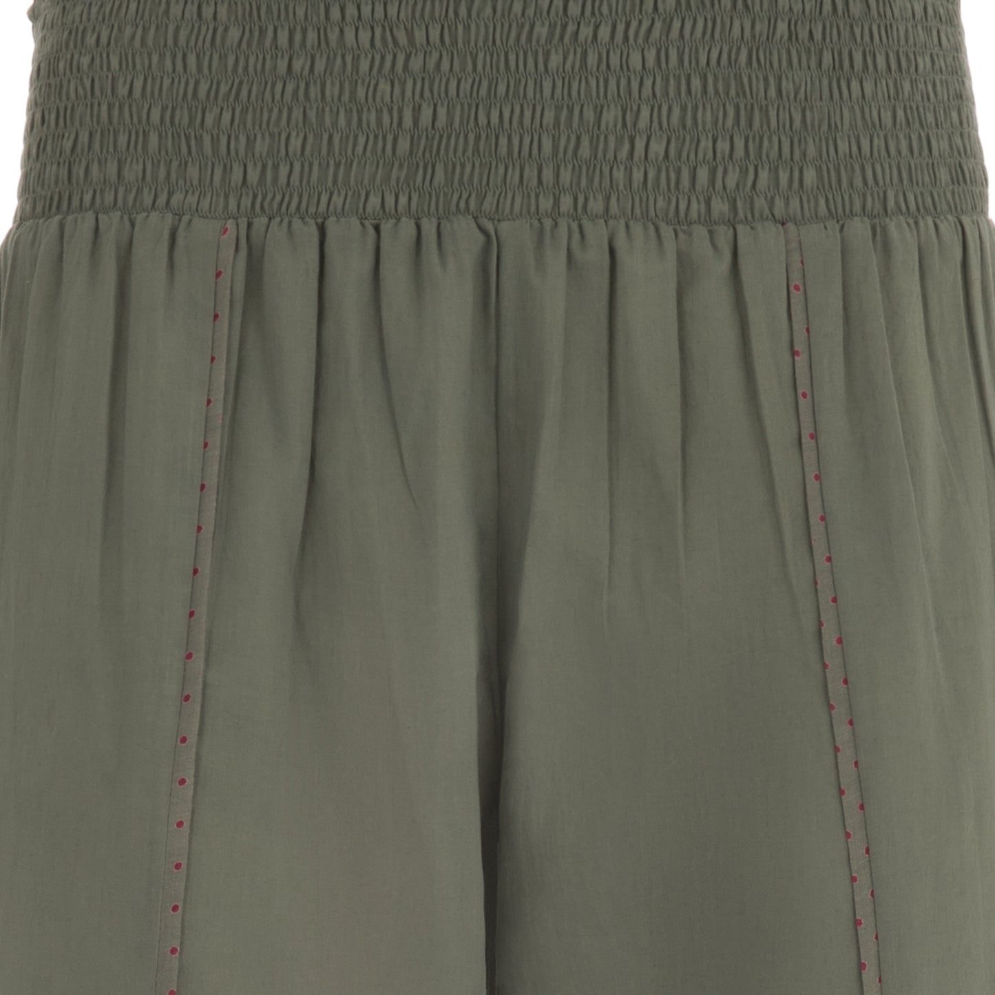 Elegante Pantalone Estivo In Puro Cotone In Tinta Unita Verde Scuro Con Pois Rossi