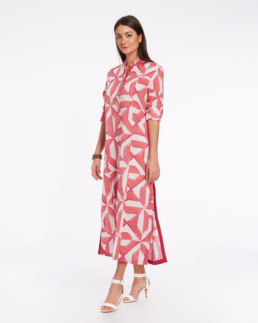 Abito estivo lungo da donna in cotone con stampa geometrica fatta a mano - JODHPUR