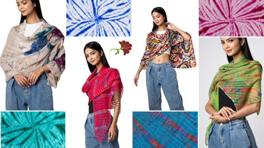 Collage di sciarpe e scialli Malini in lana e tie-dye indossati, con i dettagli dei colori