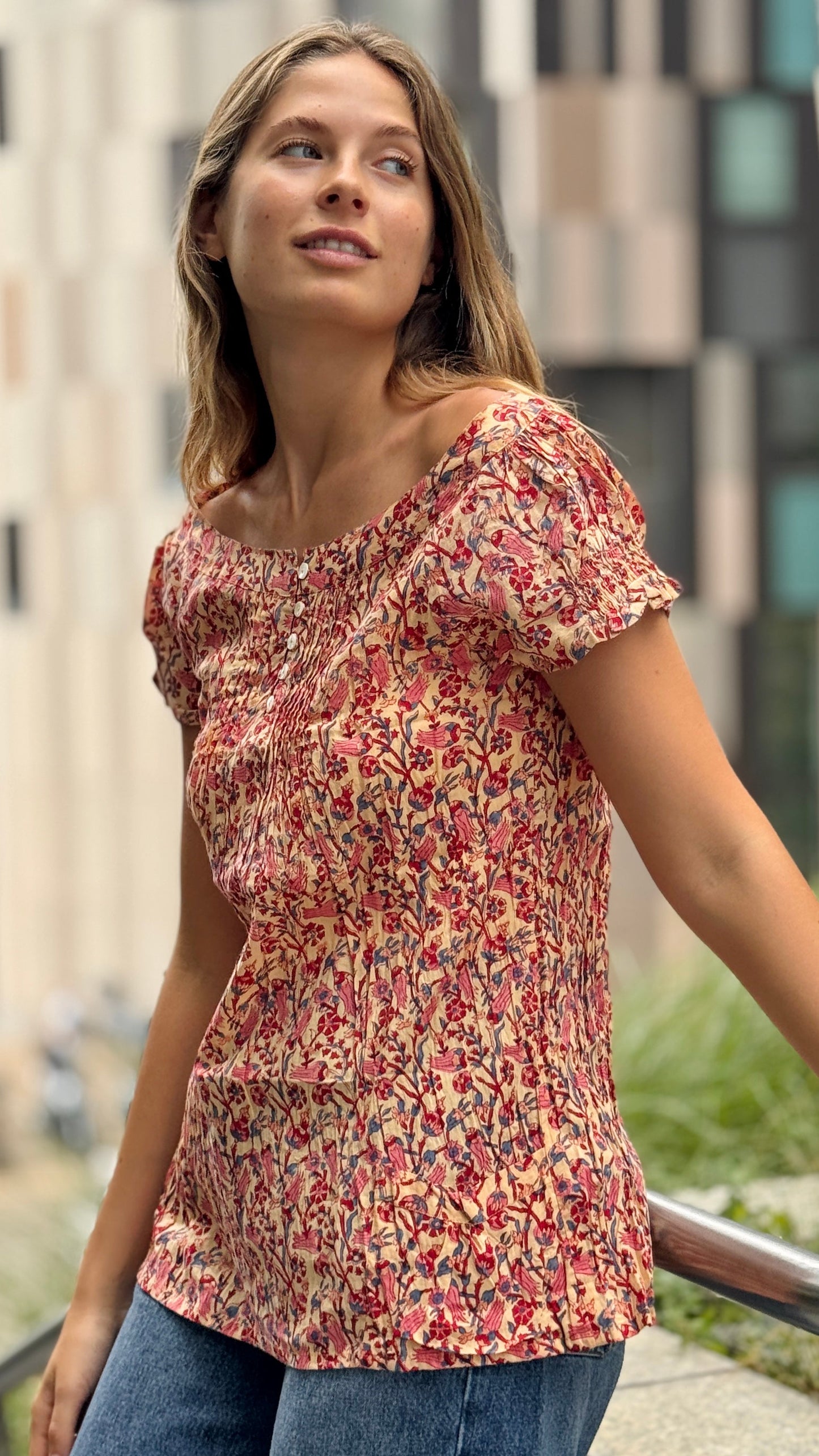 Camicia Blusa in Cotone Indiano Block Print – Fantasia Floreale, Maniche Corte