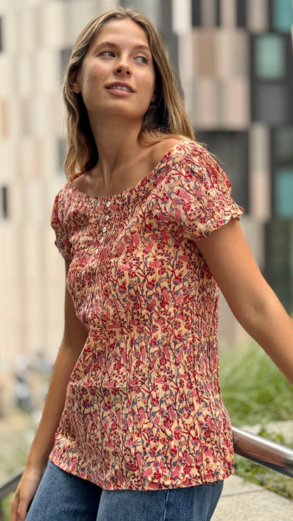 Camicia Blusa in Cotone Indiano Block Print – Fantasia Floreale, Maniche Corte