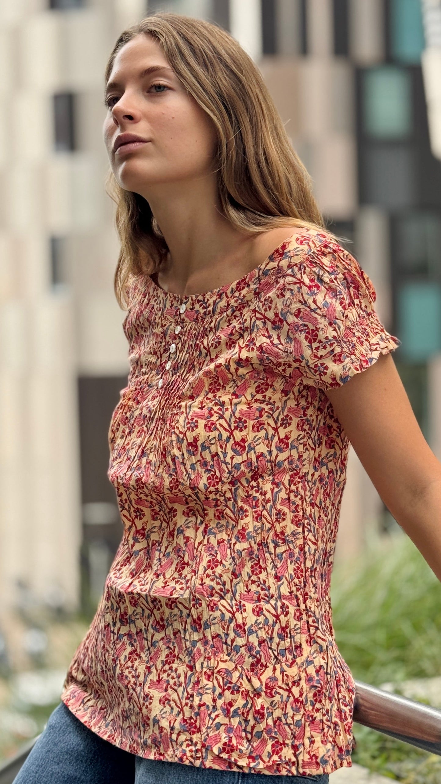 Camicia Blusa in Cotone Indiano Block Print – Fantasia Floreale, Maniche Corte