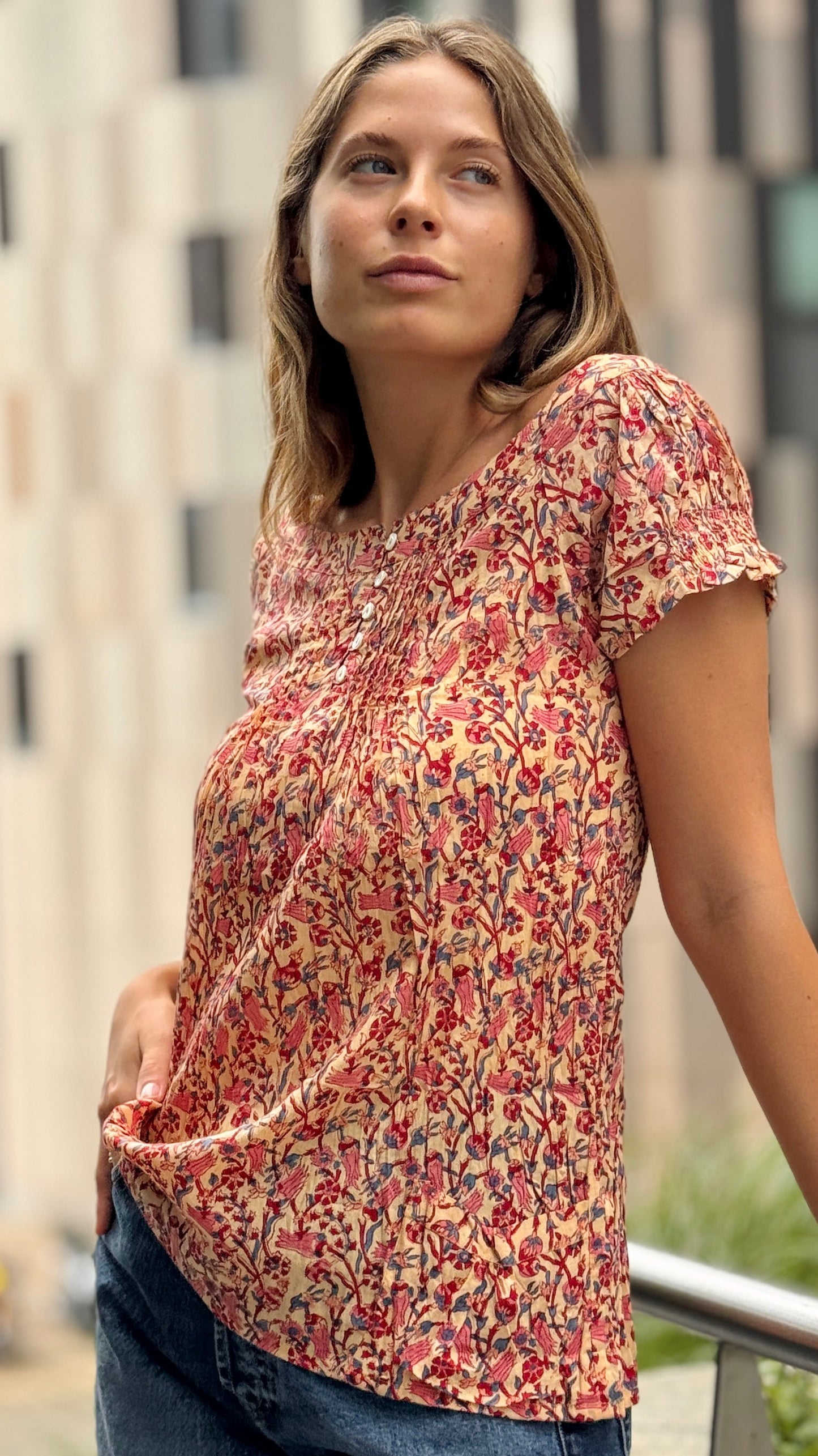 Camicia Blusa in Cotone Indiano Block Print – Fantasia Floreale, Maniche Corte