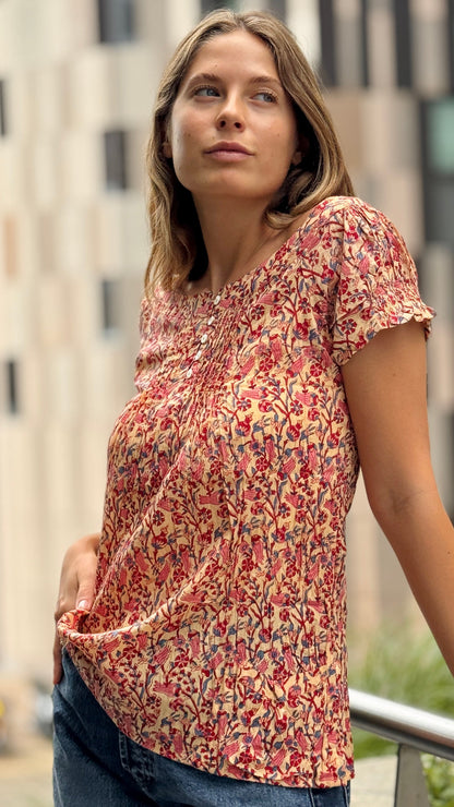 Camicia Blusa in Cotone Indiano Block Print – Fantasia Floreale, Maniche Corte