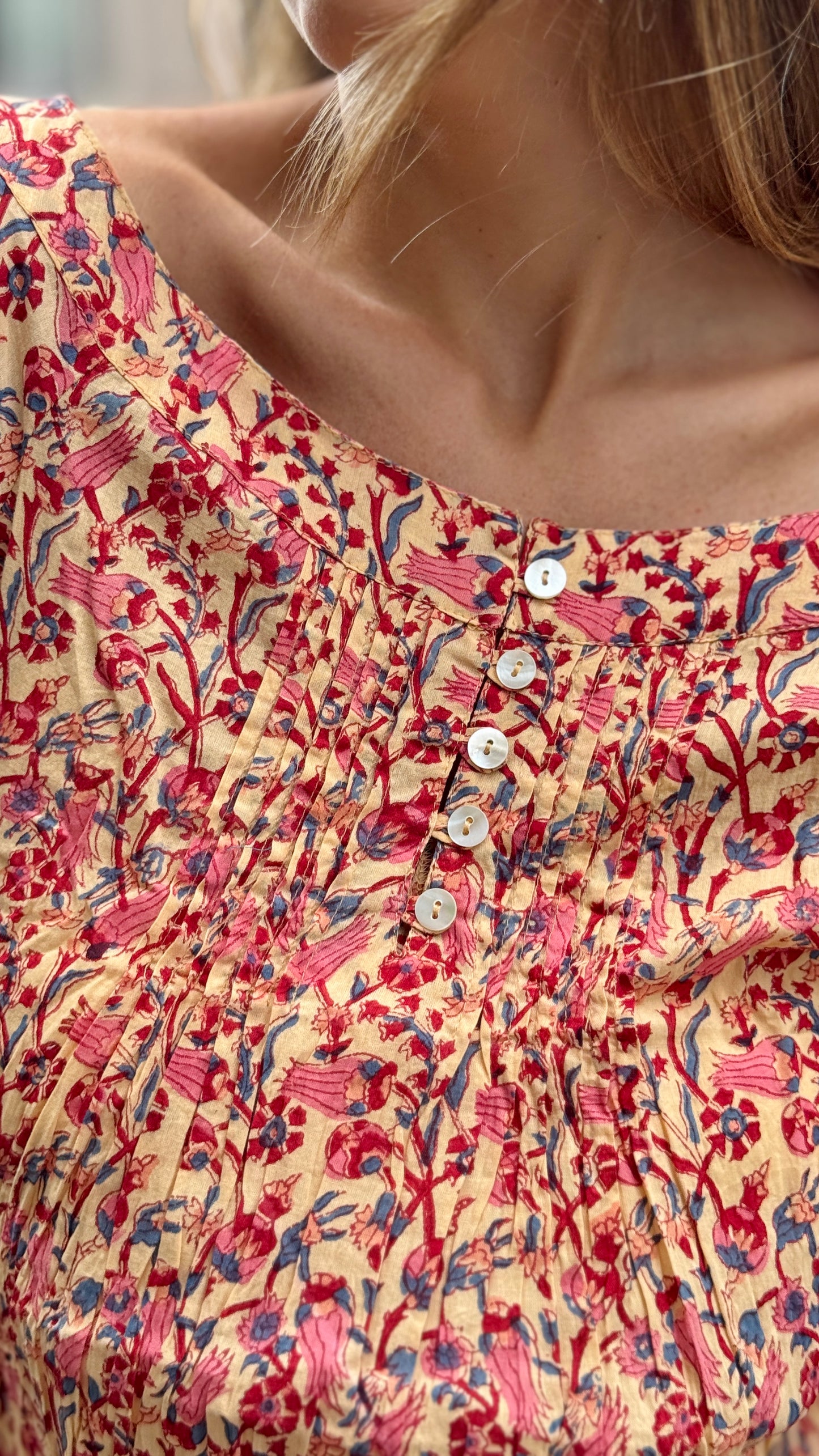 Camicia Blusa in Cotone Indiano Block Print – Fantasia Floreale, Maniche Corte