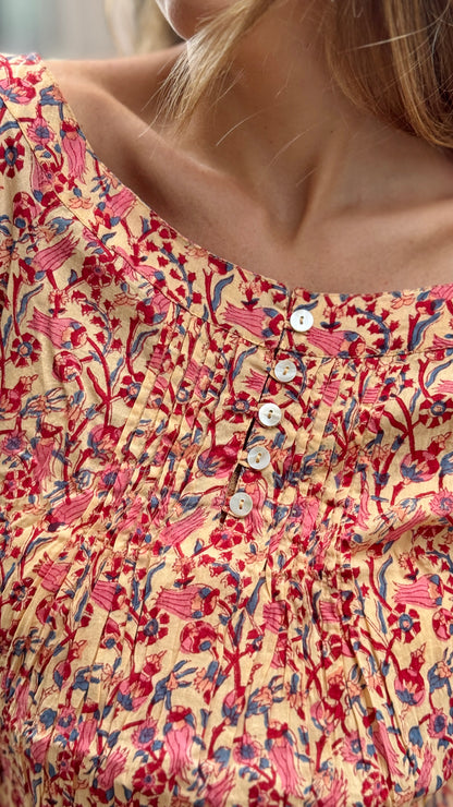 Camicia Blusa in Cotone Indiano Block Print – Fantasia Floreale, Maniche Corte