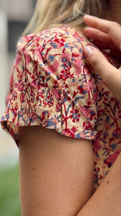 Camicia Blusa in Cotone Indiano Block Print – Fantasia Floreale, Maniche Corte