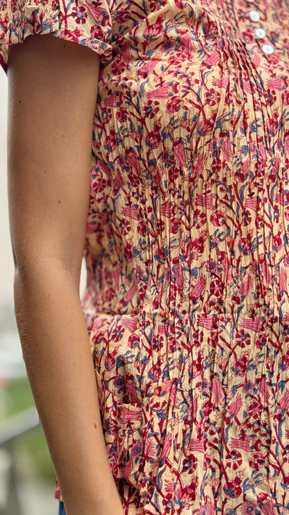 Camicia Blusa in Cotone Indiano Block Print – Fantasia Floreale, Maniche Corte