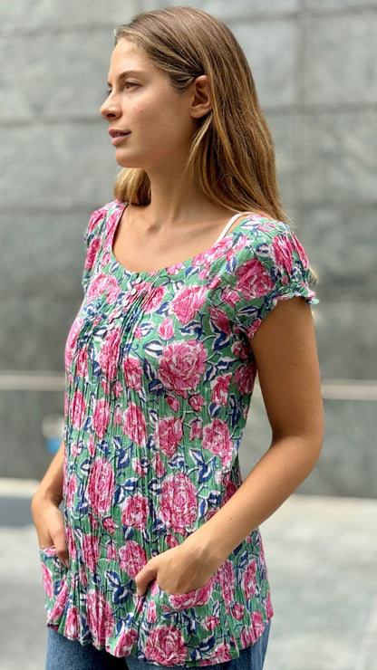 Camicia in Cotone Indiano Block Print – Verde con Fiori Blu e Rosa, Maniche Corte