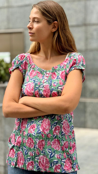Camicia in Cotone Indiano Block Print – Verde con Fiori Blu e Rosa, Maniche Corte