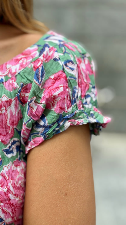 Camicia in Cotone Indiano Block Print – Verde con Fiori Blu e Rosa, Maniche Corte