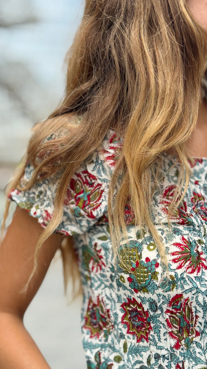 Camicia in Cotone Indiano Block Print – Bianca con Fiori Rosso Rubino e Foglie Smeraldo, Maniche Corte