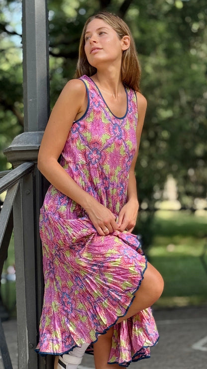 Abito Lungo in Cotone Indiano Block Print – Verde con Fiori Rosa e Foglie Blu, Smanicato, Taglia Unica