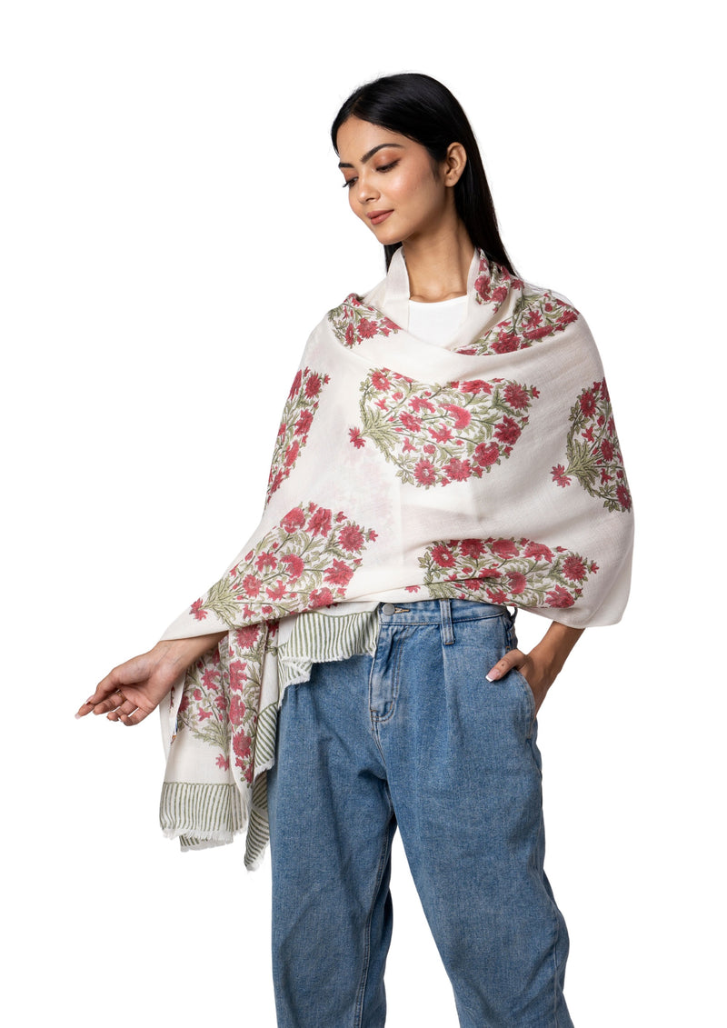 Malini wool scarf shawl with a floral design hand printed with the block print technique