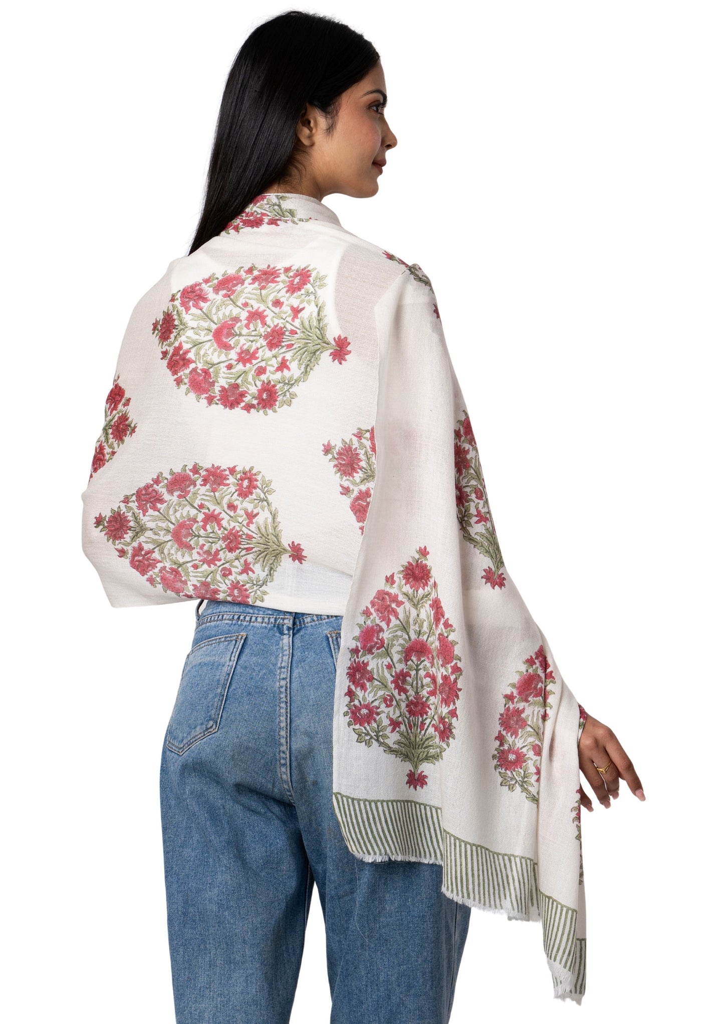 Elegant Wool Scarf Shawl with Floral design printed with Block Print technique