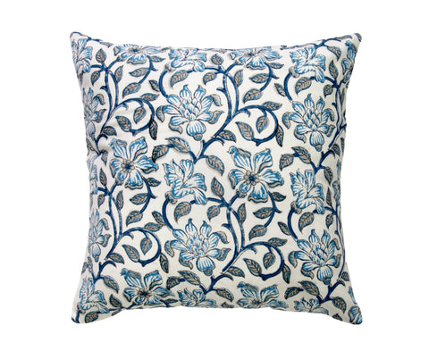 Set of 2 hand-printed cotton cushion covers with blue floral design 40x40CM