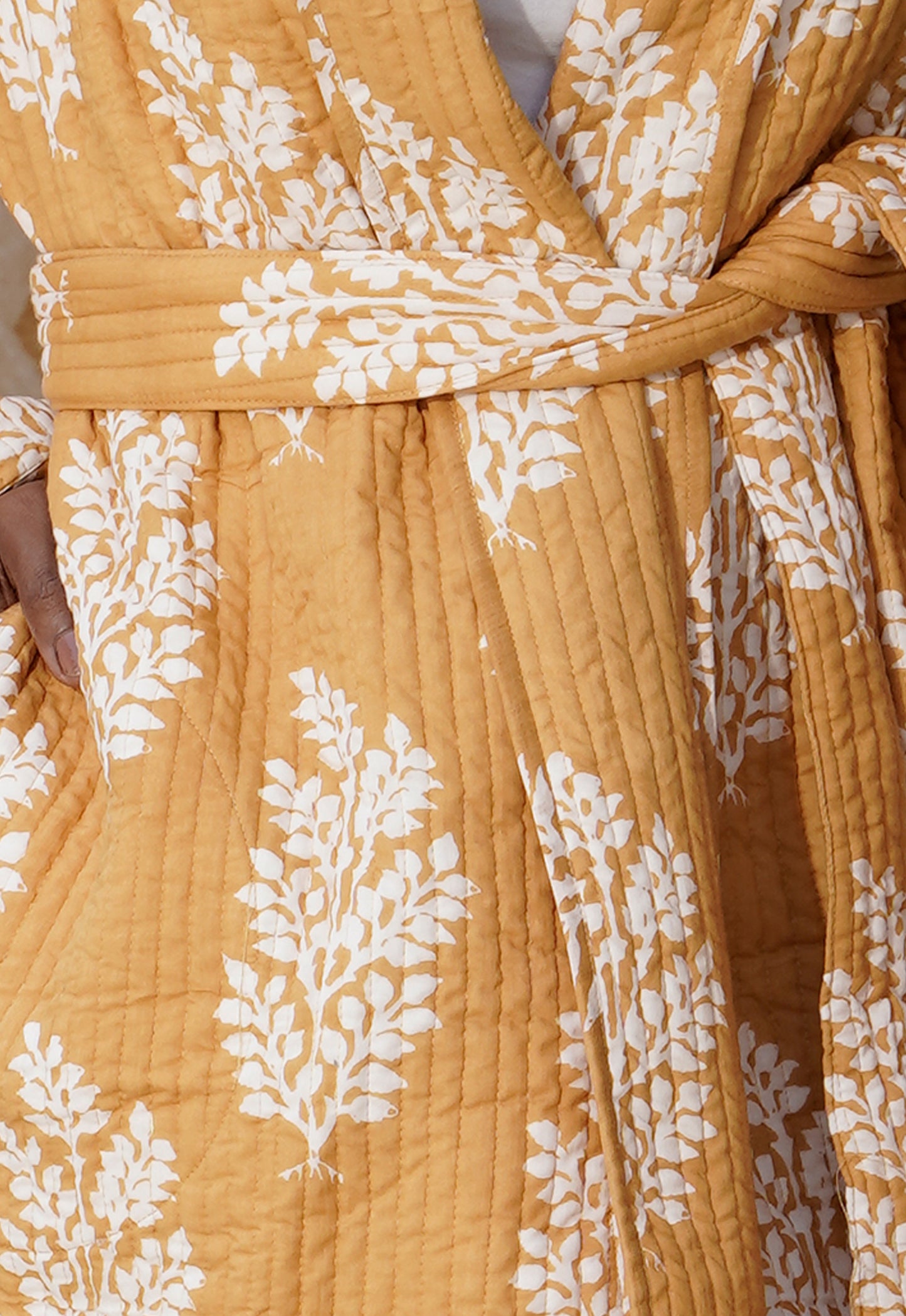 Mustard yellow quilted women's cotton kimono jacket