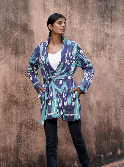 Women's blue and green quilted cotton kimono jacket