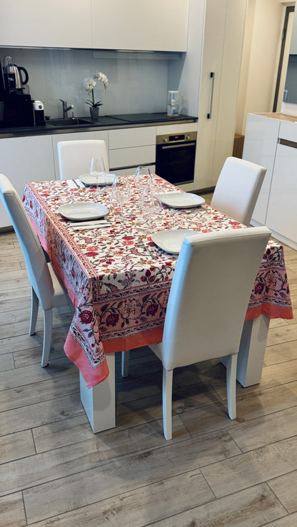Hand-printed peach pink and coral block print cotton tablecloth 150x220cm (60x87 inches): romantic floral ramage pattern with solid peach border.