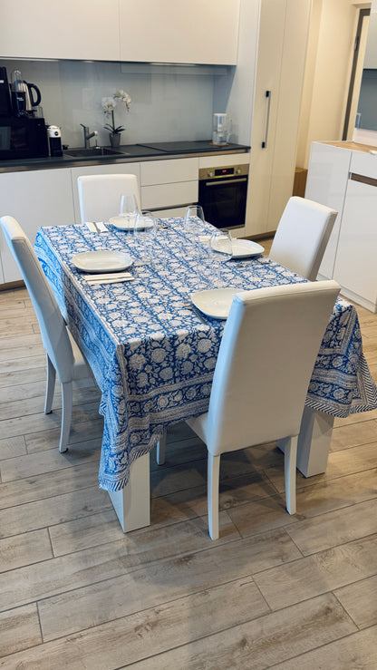 Hand-printed navy indigo and powder blue block print cotton tablecloth 150x220cm (60x87 inches): intricate floral and paisley pattern with multi-layered decorative border.