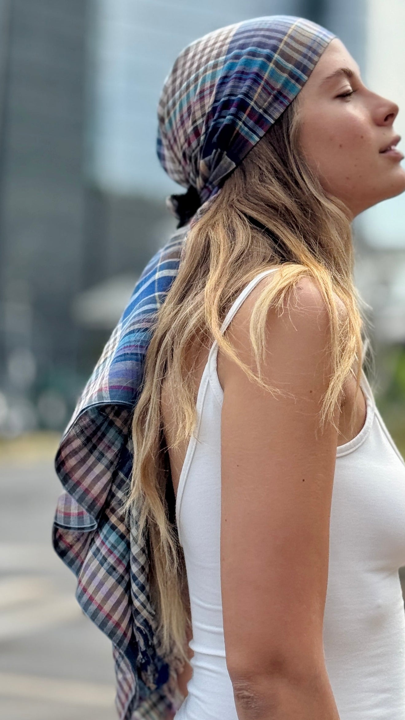 Soft Cotton Knit Check Scarf, Earth and Blue Check Travel Scarf, Lightweight Cotton Shawl for All Seasons, Gift Accessory