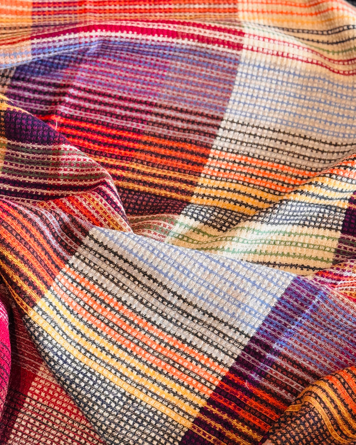 Plaid a quadri aperto, riquadri viola e righe arancio